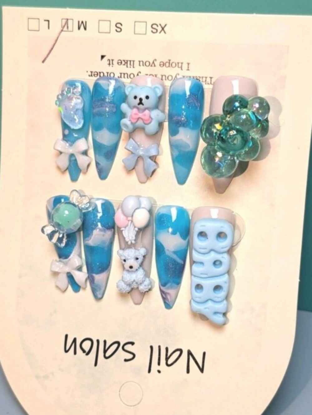 Hand Crafted Custom Baby Shower Blue & Teal 3D Bear Balloon Press-On Nail Set M